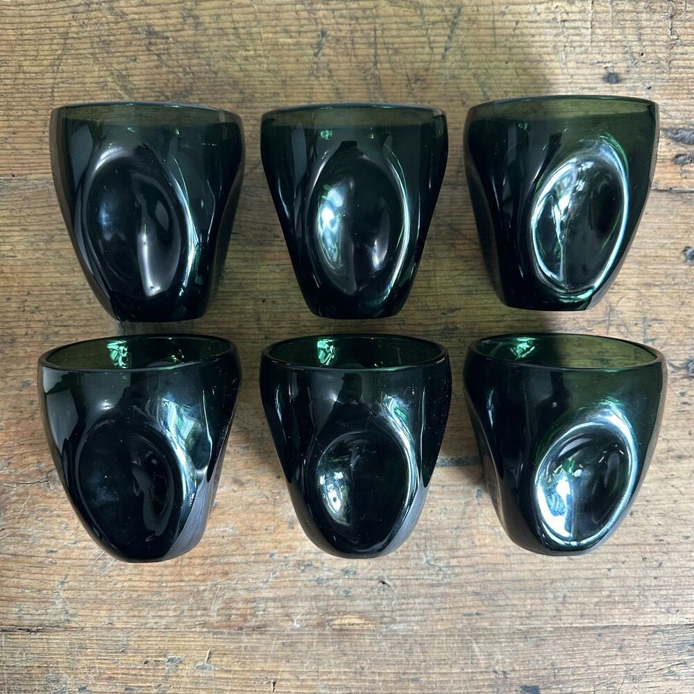 6 MCM Russel Wright Imperial Pinch Glass Tumblers Vintage 4" Blown Verde Green - Picture 2 of 7